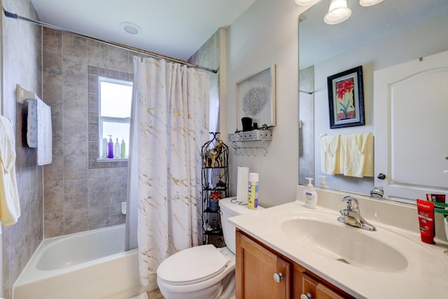 full bathroom with vanity, toilet, and shower / bathtub combination with curtain