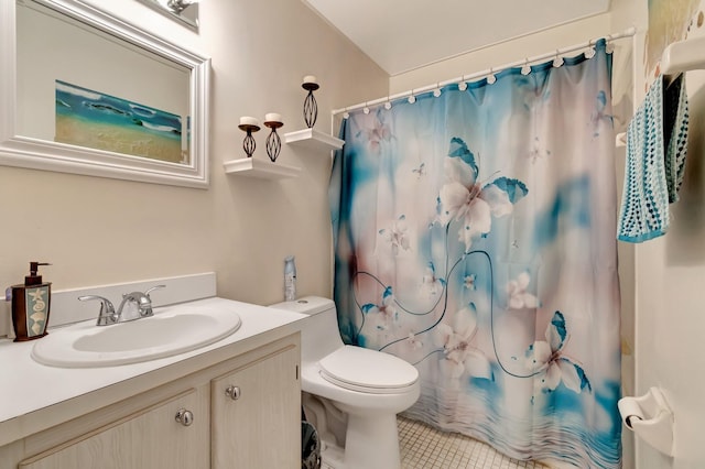 bathroom featuring walk in shower, tile patterned flooring, vanity, and toilet