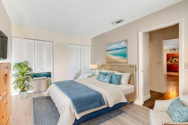 bedroom with wood-type flooring and two closets