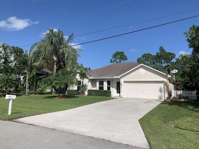 view of front of home featuring a garage, fence, driveway, stucco siding, and a front lawn