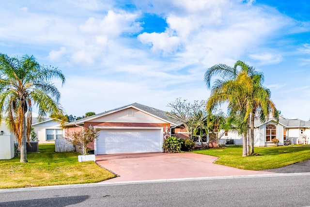 ranch-style house featuring a residential view, an attached garage, driveway, and a front lawn