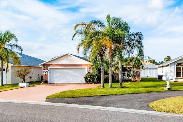 view of front of home with an attached garage, concrete driveway, and a front yard