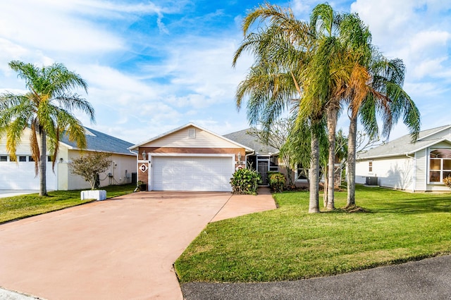 ranch-style home featuring a garage, concrete driveway, cooling unit, a front lawn, and brick siding