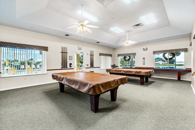 recreation room featuring carpet floors, visible vents, a tray ceiling, and pool table