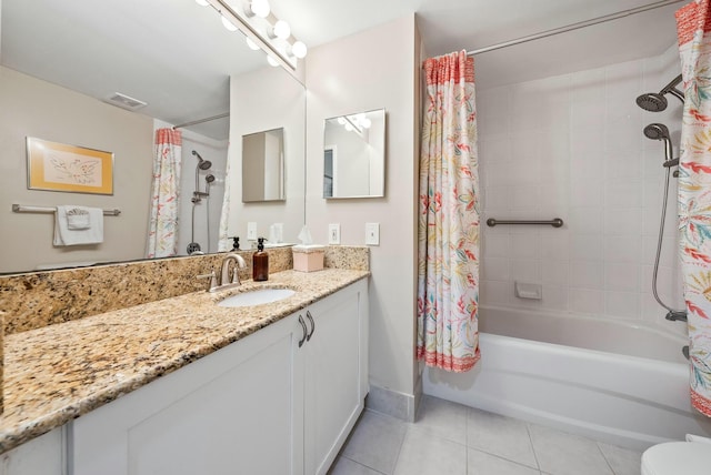 full bathroom with toilet, tile patterned flooring, vanity, and shower / tub combo with curtain