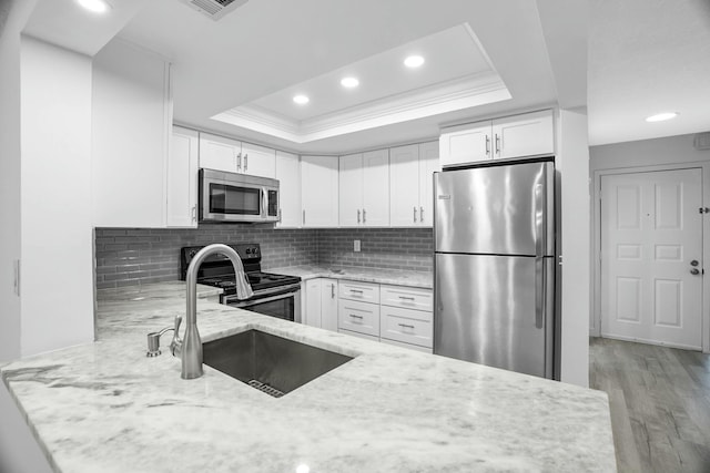 kitchen with white cabinets, sink, appliances with stainless steel finishes, and a tray ceiling