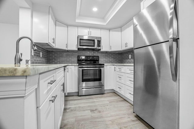 kitchen featuring white cabinets, stainless steel appliances, tasteful backsplash, and a tray ceiling