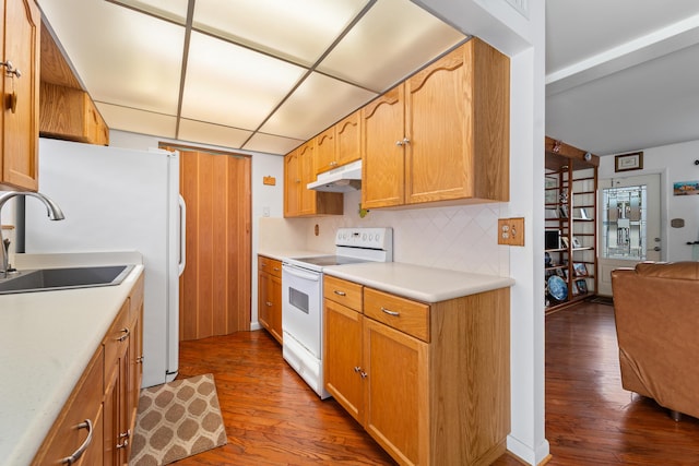 kitchen with sink, a paneled ceiling, white range with electric stovetop, dark hardwood / wood-style flooring, and decorative backsplash