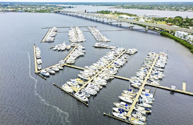 bird's eye view with a water view