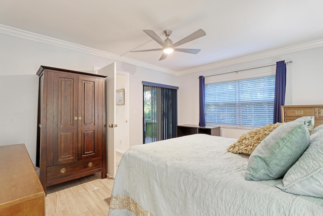 bedroom with light wood-type flooring, multiple windows, crown molding, and ceiling fan