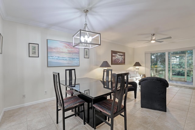 tiled dining room featuring crown molding and ceiling fan with notable chandelier