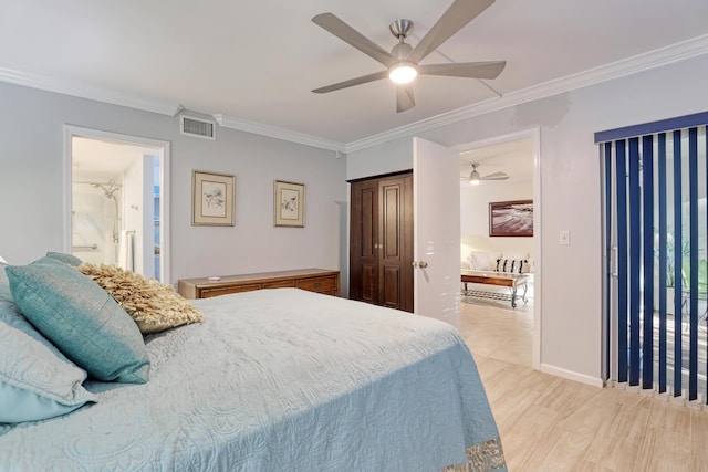 bedroom with ensuite bathroom, light hardwood / wood-style flooring, ceiling fan, and crown molding