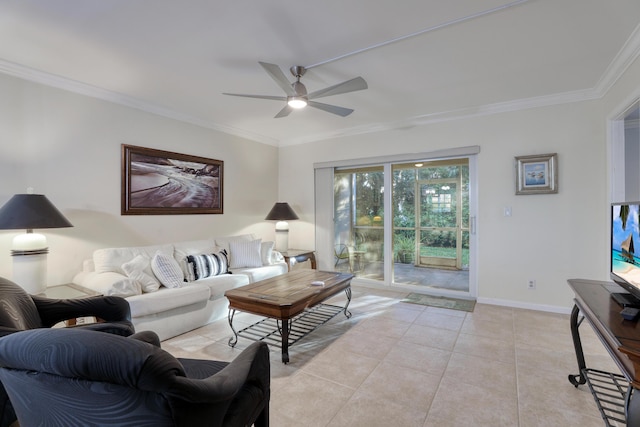 living room featuring light tile patterned floors, ceiling fan, and crown molding