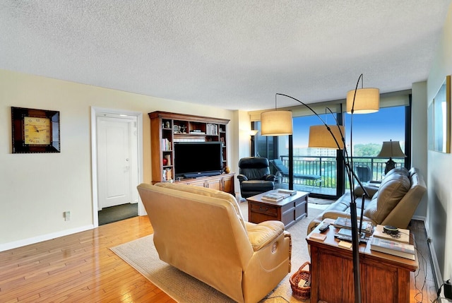 living room featuring a textured ceiling and hardwood / wood-style flooring