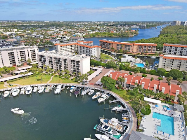 bird's eye view with a water view