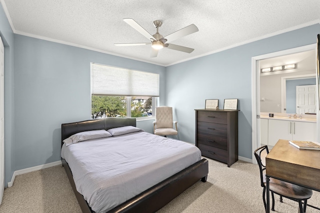 bedroom with connected bathroom, ceiling fan, light colored carpet, a textured ceiling, and ornamental molding