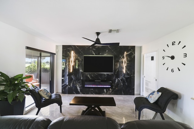 living room featuring ceiling fan