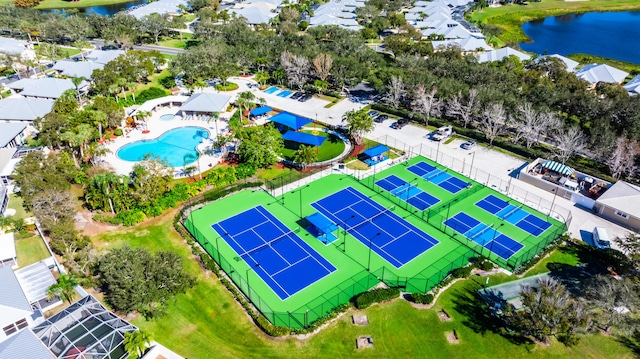 birds eye view of property featuring a water view