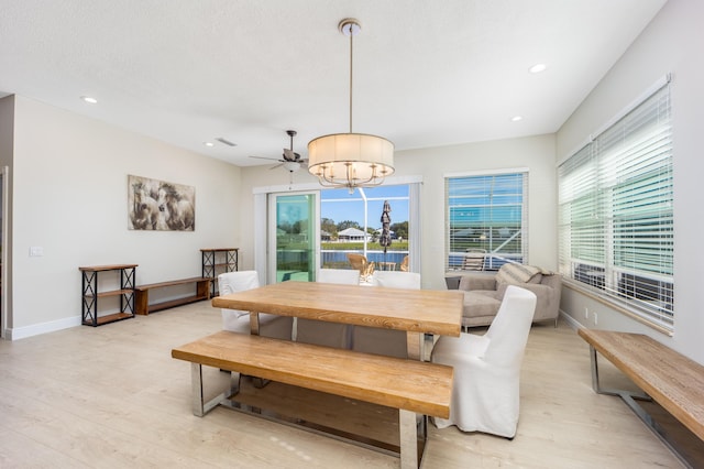 dining area featuring plenty of natural light, ceiling fan with notable chandelier, and light hardwood / wood-style flooring