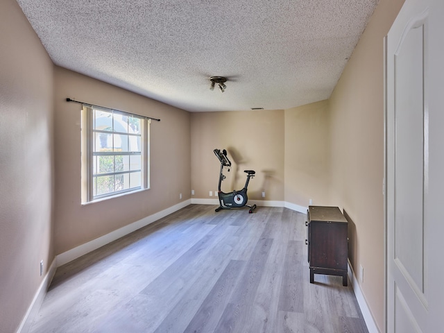 exercise room with a textured ceiling and light hardwood / wood-style flooring