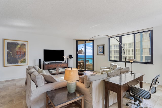 living room with a textured ceiling and expansive windows