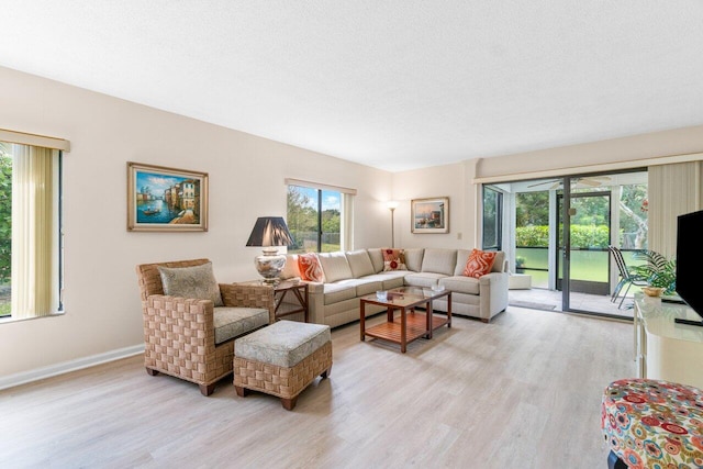 living room featuring light wood-type flooring and a textured ceiling