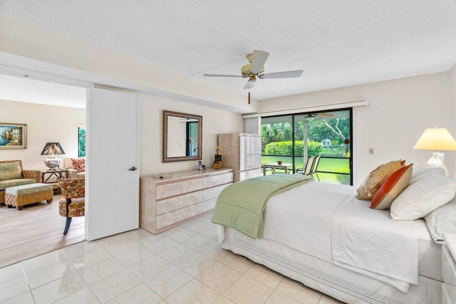 bedroom featuring access to outside, ceiling fan, light hardwood / wood-style flooring, and a textured ceiling