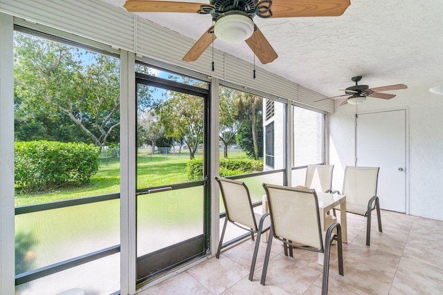 sunroom / solarium featuring ceiling fan