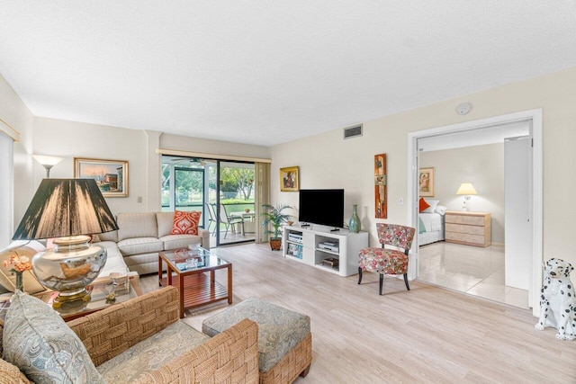 living room with light hardwood / wood-style floors and a textured ceiling