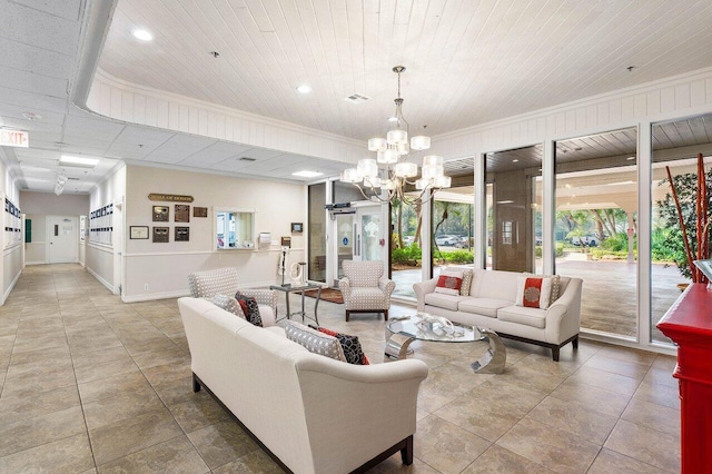 living room with crown molding, tile patterned flooring, wooden ceiling, and a notable chandelier