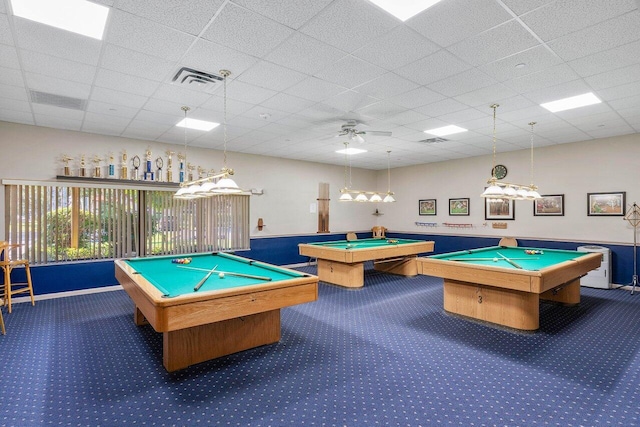 rec room featuring ceiling fan, a drop ceiling, carpet floors, and pool table