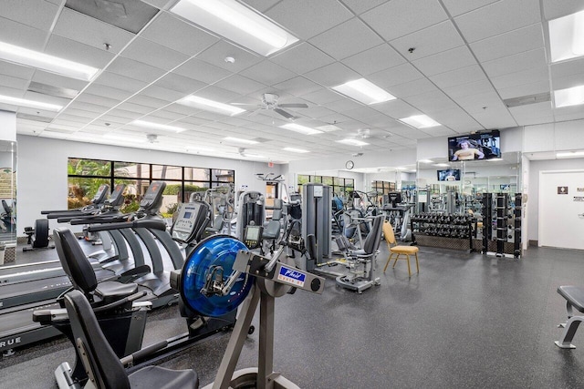 workout area with a paneled ceiling and ceiling fan