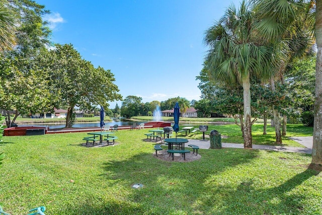 view of community featuring a yard and a water view