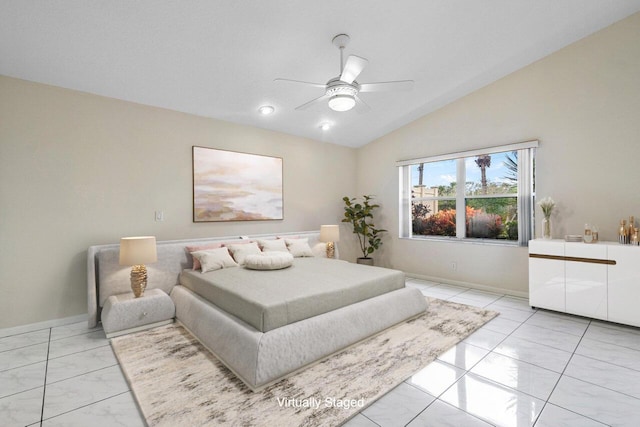 bedroom featuring light tile patterned floors, vaulted ceiling, and ceiling fan