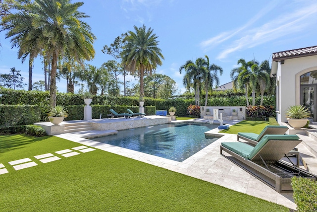 view of swimming pool with a patio and a lawn