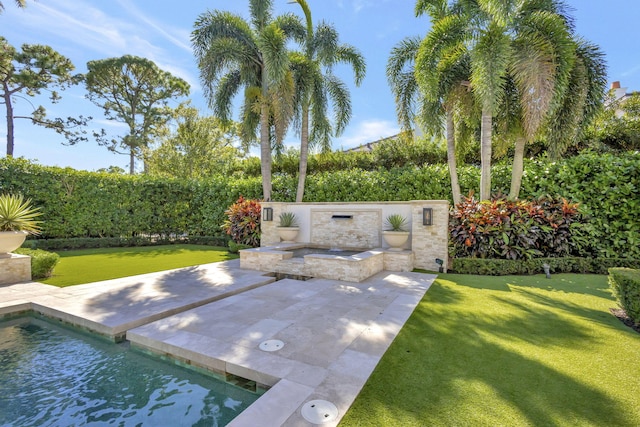 view of swimming pool featuring a patio area and a lawn