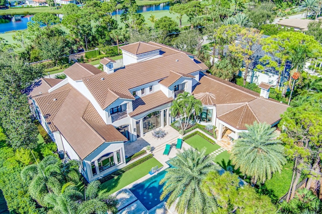 drone / aerial view featuring a water view