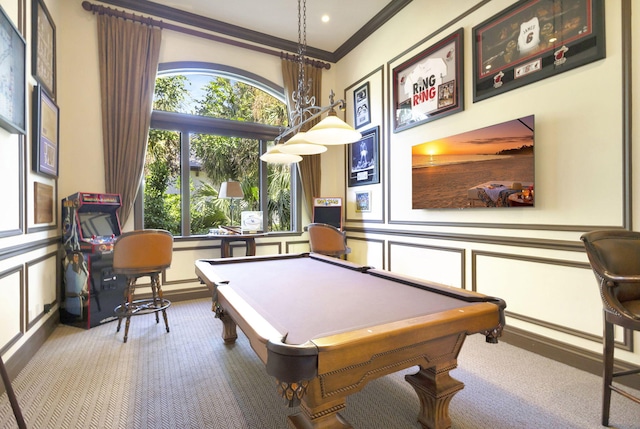 recreation room with carpet flooring, crown molding, and billiards