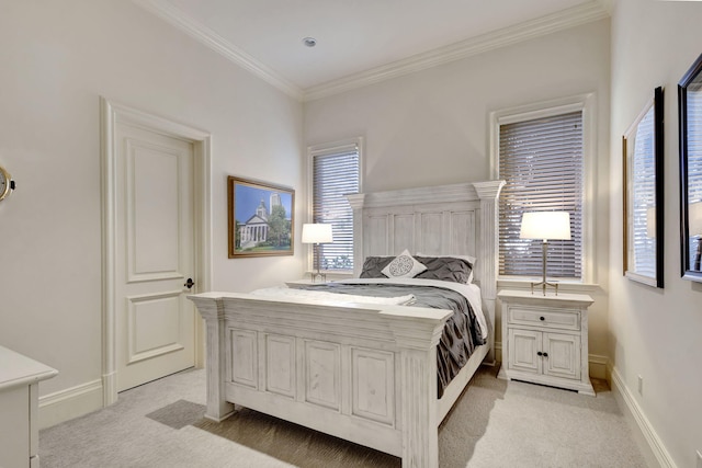 bedroom featuring light colored carpet and ornamental molding