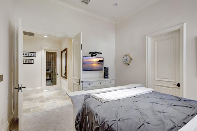 bedroom with light carpet and crown molding