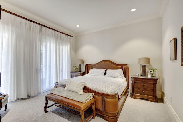 carpeted bedroom featuring multiple windows and ornamental molding