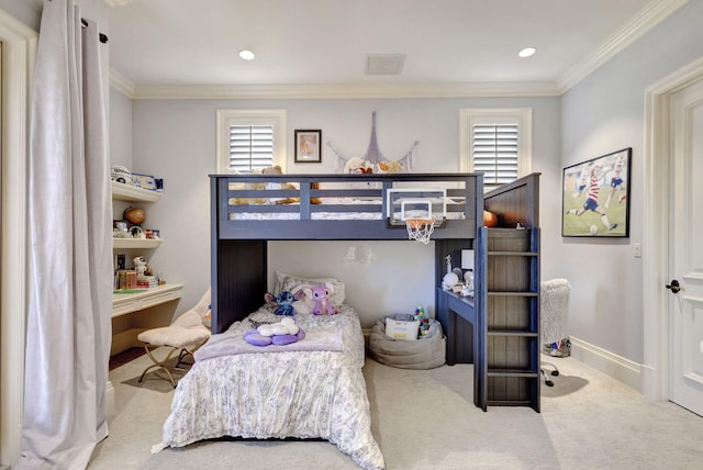 bedroom with multiple windows, light colored carpet, and ornamental molding