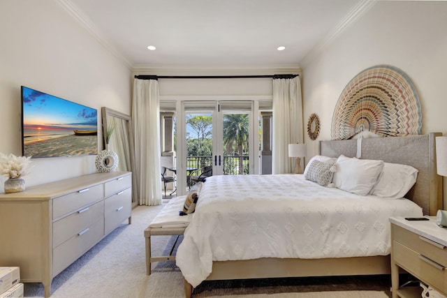 bedroom featuring light colored carpet, ornamental molding, access to outside, and french doors