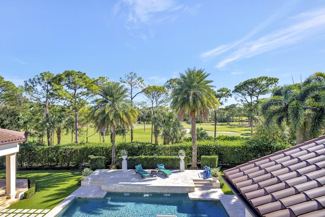 view of pool with a lawn and a patio