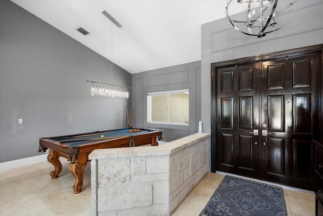 interior space featuring lofted ceiling and billiards