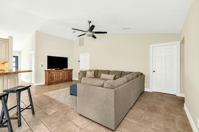 living room with lofted ceiling and ceiling fan