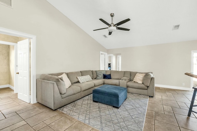 living room with high vaulted ceiling and ceiling fan