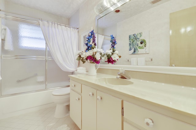 full bathroom with vanity, tile patterned flooring, toilet, a textured ceiling, and shower / tub combo