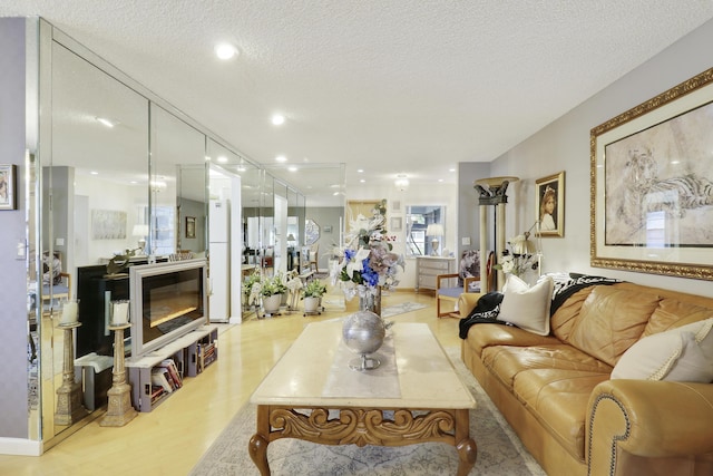 living room with a textured ceiling and light hardwood / wood-style floors