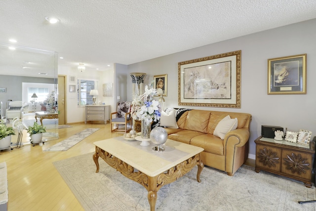 living room featuring a textured ceiling and light wood-type flooring